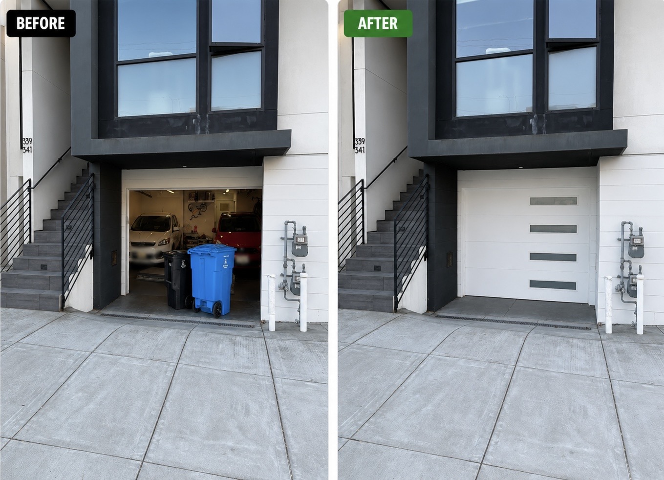 Before and after low-headroom garage door conversion on a Pacific Heights Edwardian in San Francisco